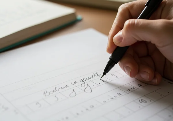 Hand writing an inspirational quote on a cursive practice sheet