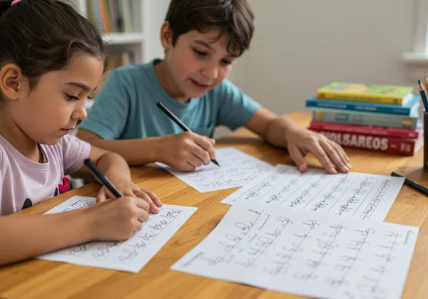 Child and adult practice cursive handwriting together