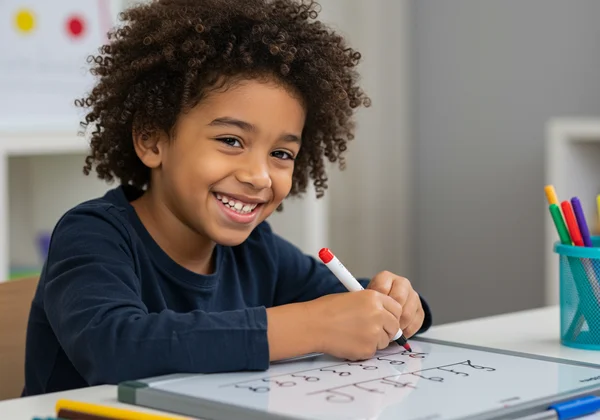 孩子在白板上开心地练习草书