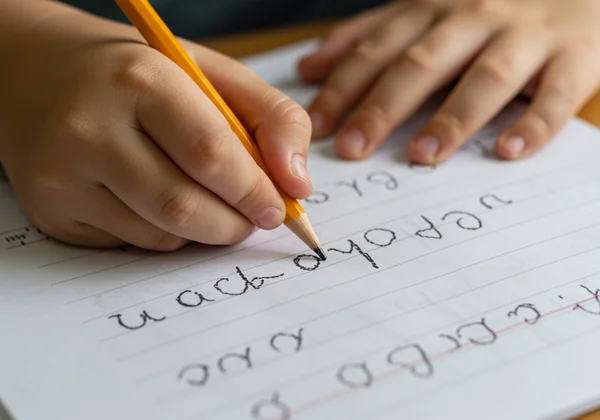 手在练习页上练习单个草书字母