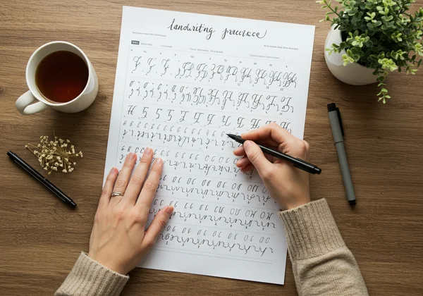 一个人在练习纸上用笔和茶练习草书