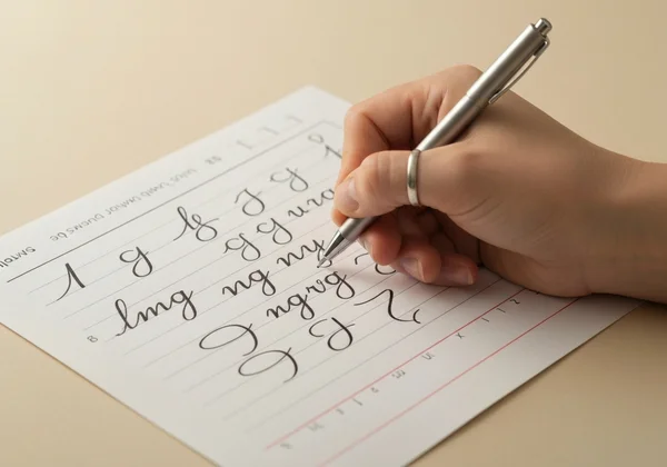 Left hand practicing cursive alphabet on a worksheet