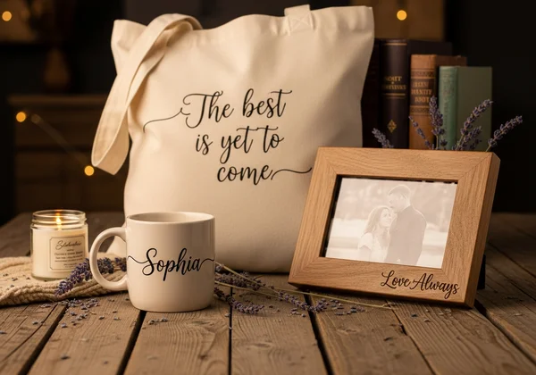 Personalized gifts with elegant cursive text.