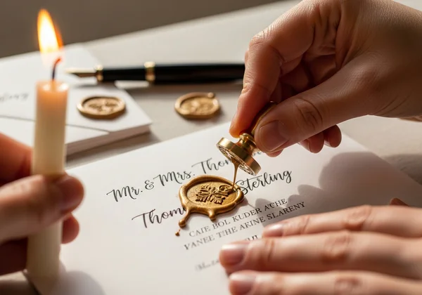 Hands adding a wax seal to a finished cursive invitation