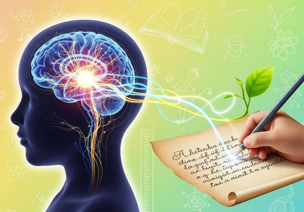 Child learning cursive, visualizing brain development